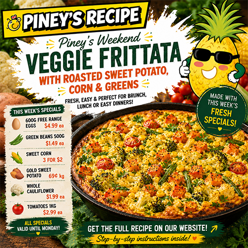 Piney’s Weekend Veggie Frittata with Roasted Sweet Potato, Corn & Greens