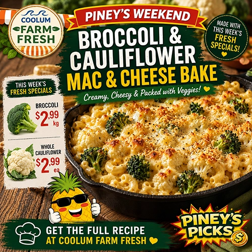 PINEY’S BROCCOLI & CAULIFLOWER MAC & CHEESE BAKE
